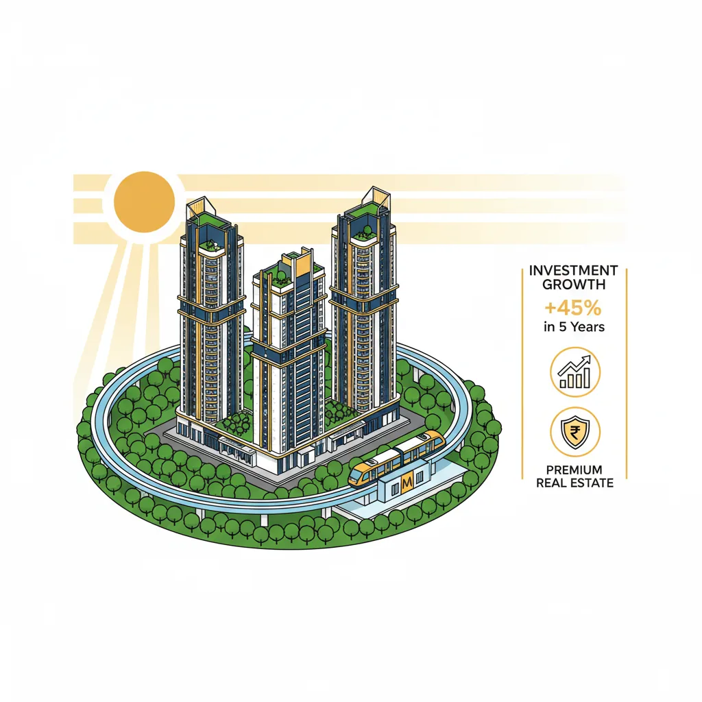 Modern luxury residential high-rise apartment complex in Bannerghatta Road Bangalore surrounded by lush green forest landscape with metro connectivity
