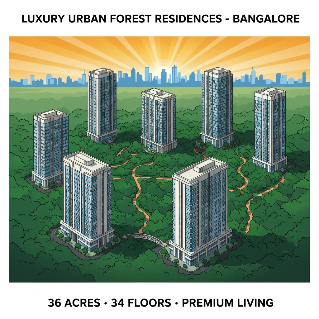 Sky-Rise Living in Bannerghatta - Modern luxury high-rise residential towers surrounded by lush green forest canopy with panoramic city skyline views