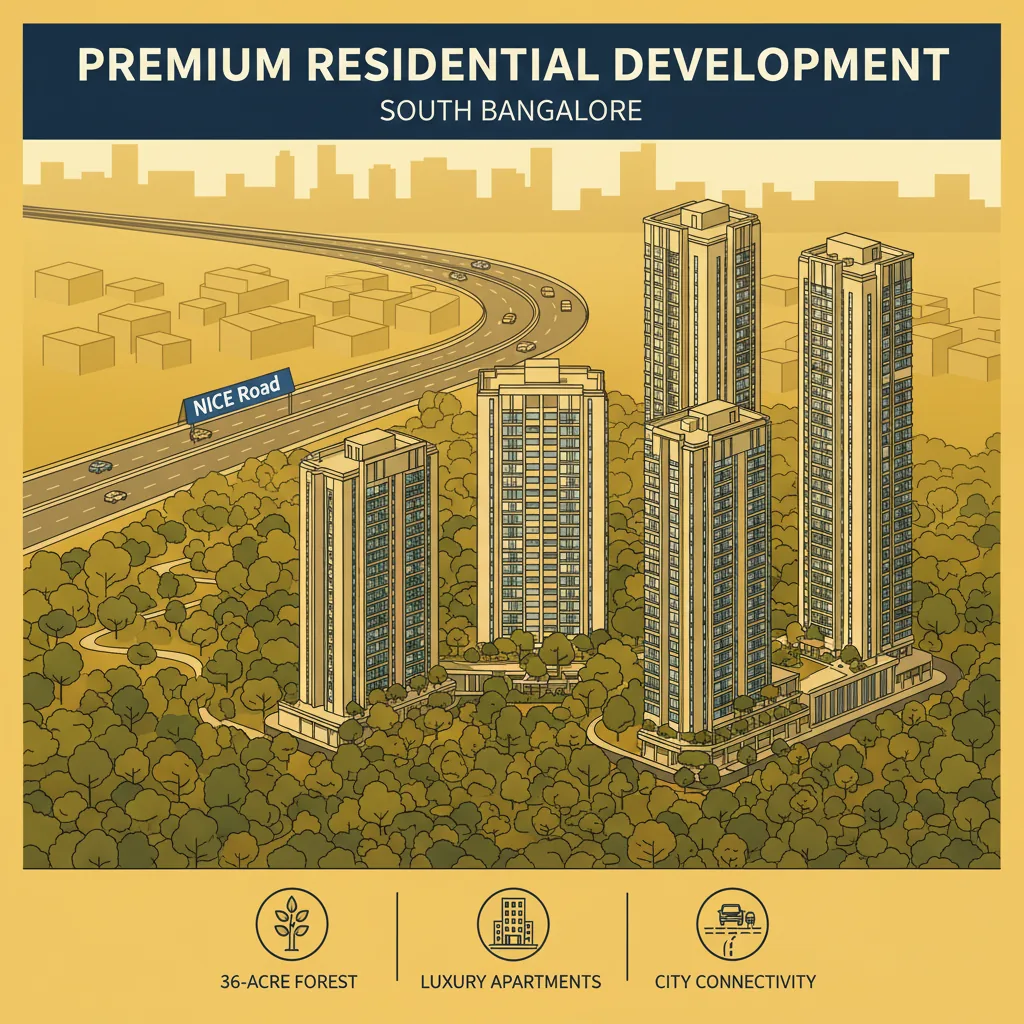 Modern luxury residential high-rise apartments surrounded by lush green forest landscape in South Bangalore with NICE Road visible in background