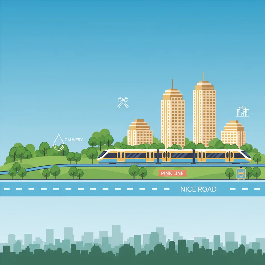 South Bangalore real estate market infographic showing skyline, metro, and luxury residential towers with green spaces