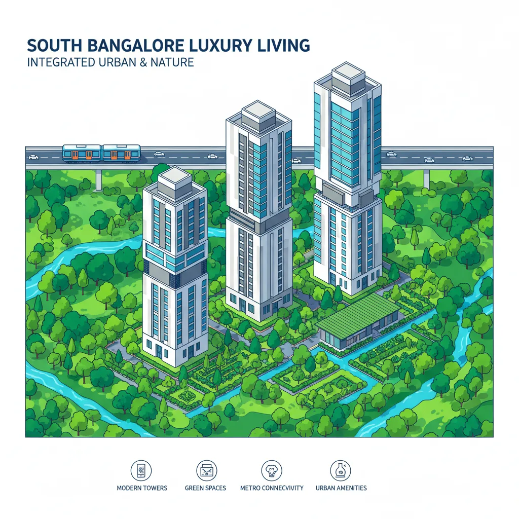 Modern luxury residential towers in South Bangalore surrounded by lush green forests and landscaped parks with metro infrastructure visible