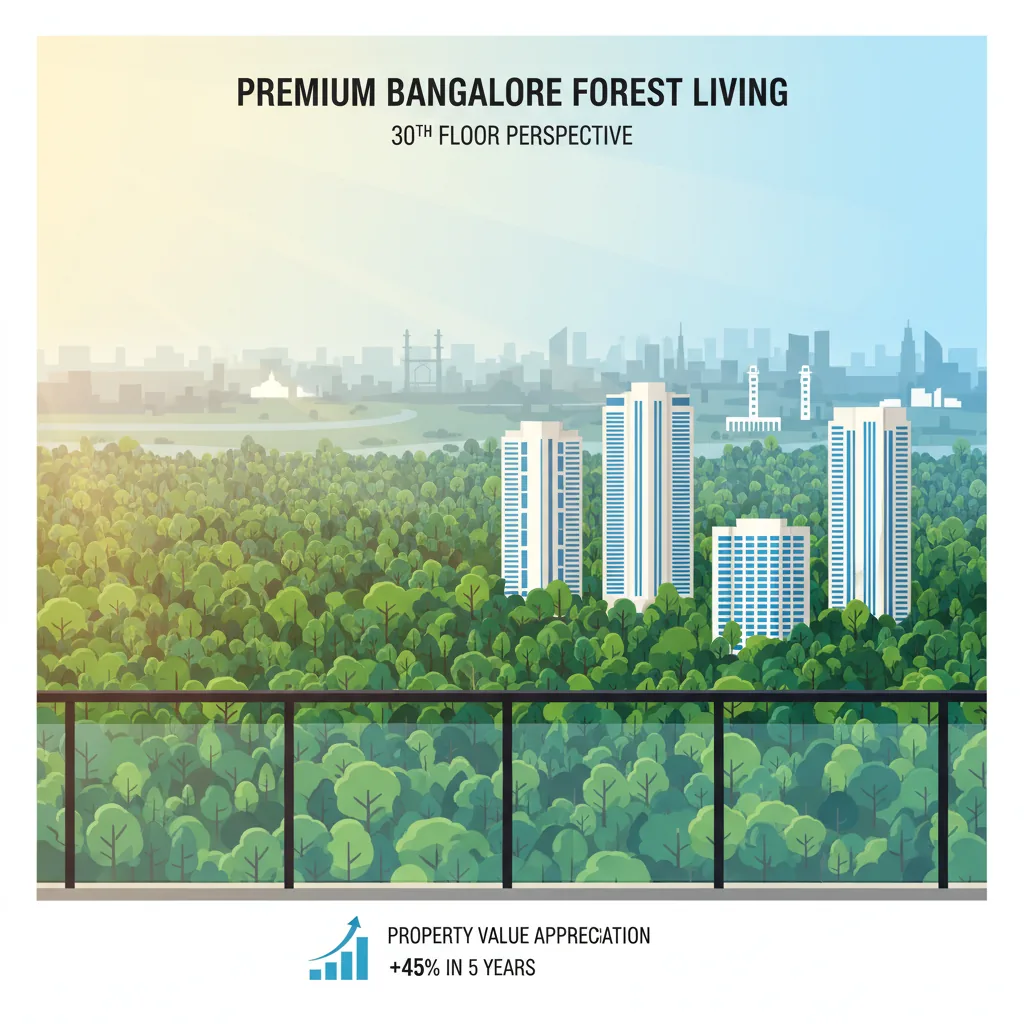Aerial panoramic view from 30th floor luxury apartment balcony overlooking lush green forest township at Godrej Vanantara
