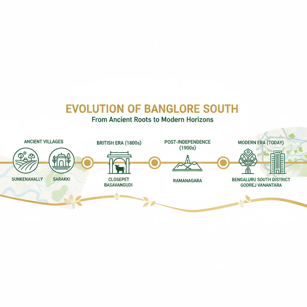Infographic showing the evolution of Bangalore South names from ancient villages to modern Bengaluru South District