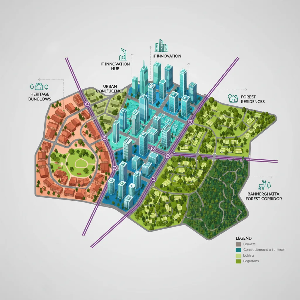 Aerial infographic view of South Bangalore cityscape showing five distinct neighborhood zones connected by metro lines