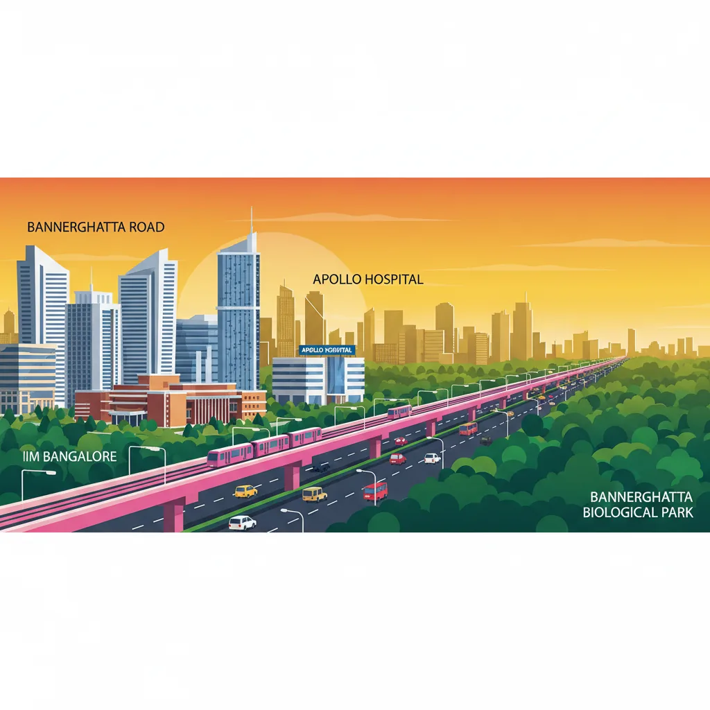 Aerial view of Bannerghatta Road in Bangalore showing the urban cityscape, high-rise residential towers, IIM Bangalore campus, and Bannerghatta Biological Park