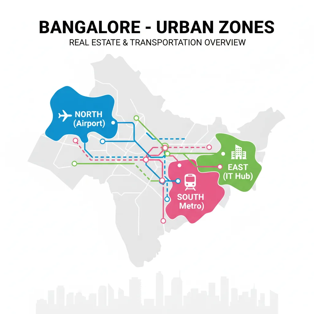 Infographic showing Bangalore city map with three highlighted zones - North, South, and East - representing growth areas with Metro routes and infrastructure icons