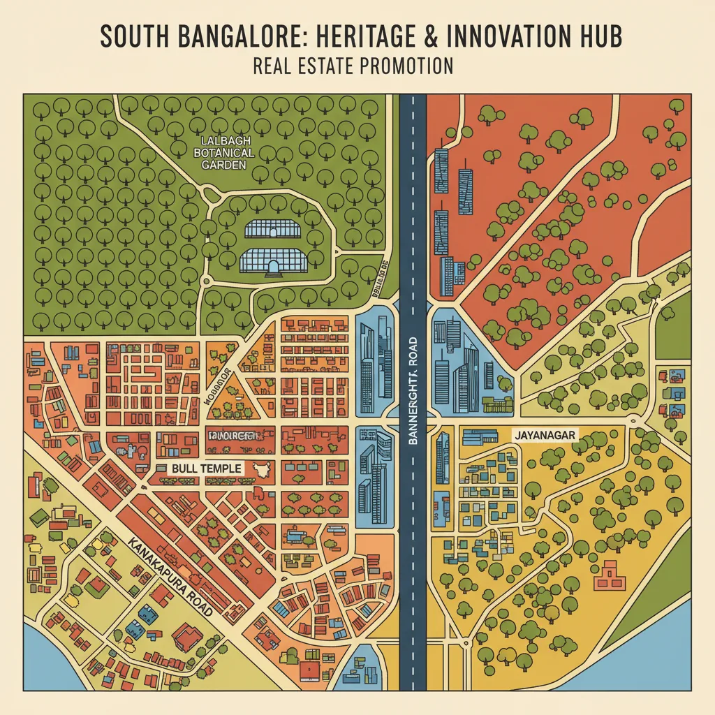 A vibrant infographic-style aerial view of South Bangalore cityscape showing heritage neighborhoods with tree-lined streets, modern tech corridors, and famous landmarks