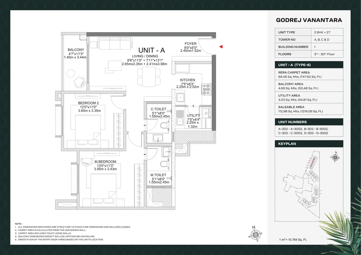 An architectural 2D floor plan of a 2 BHK apartment at Godrej Vanantara, showcasing the layout design of 2 bedrooms, 2 bathrooms, a living and dining hall, a kitchen, and an attached balcony with room measurements and furniture layout.