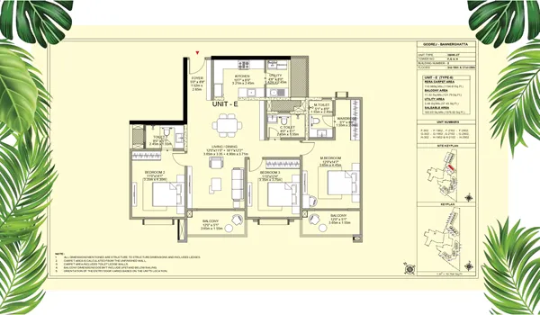 An architectural 2D blueprint of the 3 BHK Luxe apartment floor plan at Godrej Vanantara, showing a spacious layout with three large bedrooms, three bathrooms, an expansive living and dining hall, a premium kitchen with a utility area, and a wide private balcony
