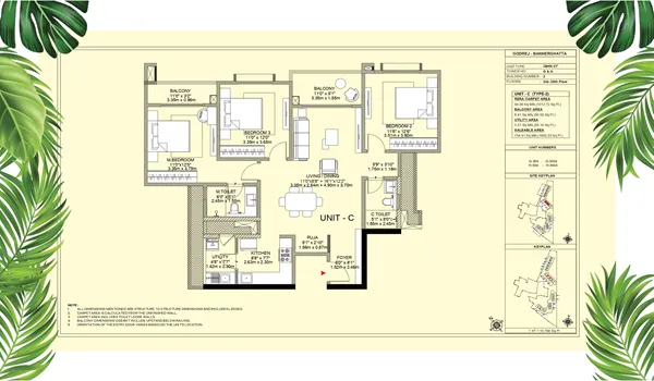 An architectural 2D floor plan of a 3 BHK Premium apartment unit at Godrej Vanantara, detailing the spacious layout of three bedrooms, three bathrooms, a large living and dining area, a kitchen with a utility balcony, and an attached main balcony.