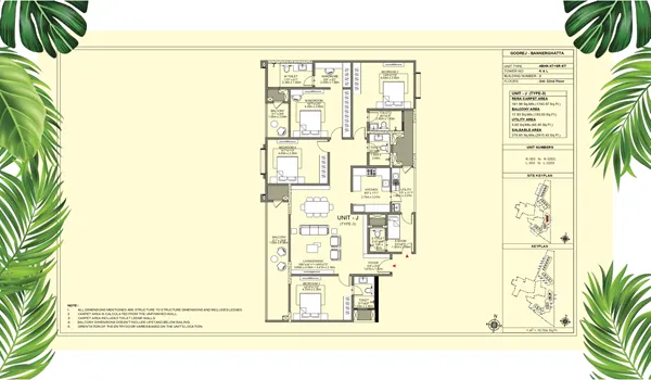 An architectural 2D blueprint of the 4 BHK apartment floor plan at Godrej Vanantara, showing a spacious layout with four bedrooms, four bathrooms, a grand living and dining room, a kitchen with an attached utility area, and a large private viewing balcony.