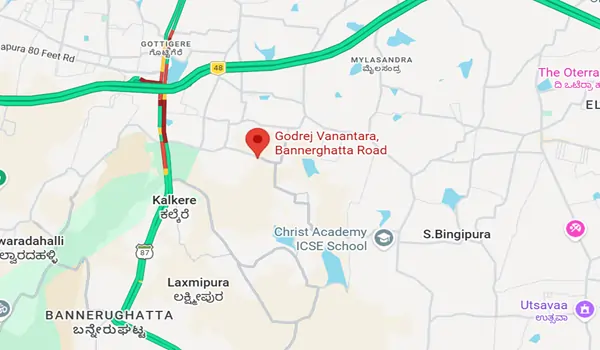 A regional location map for Godrej Vanantara, illustrating the project's connectivity to major roads, highways, metro stations, and local landmarks like schools, hospitals, and shopping centers.