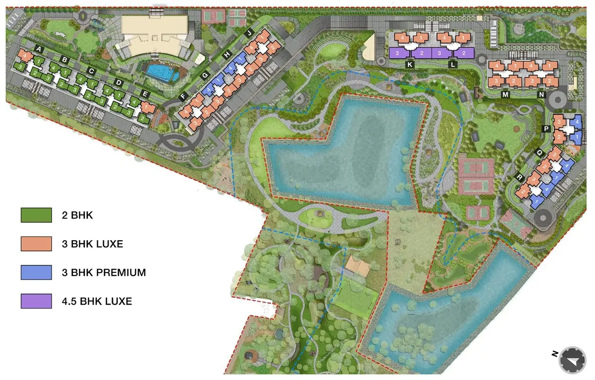 The architectural master plan layout of Godrej Vanantara, showcasing a 2D map of the 36-acre township including residential tower locations, entry and exit gates, the central clubhouse, swimming pools, sports courts, and extensive forest-themed green landscapes.
